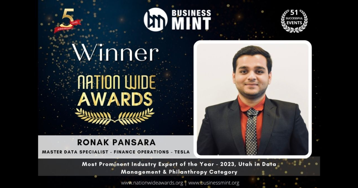 Ronak Pansara Honored as Most Prominent Industry Expert of the Year - 2023, Utah by Business Mint: A Visionary in Data Management and Philanthropy